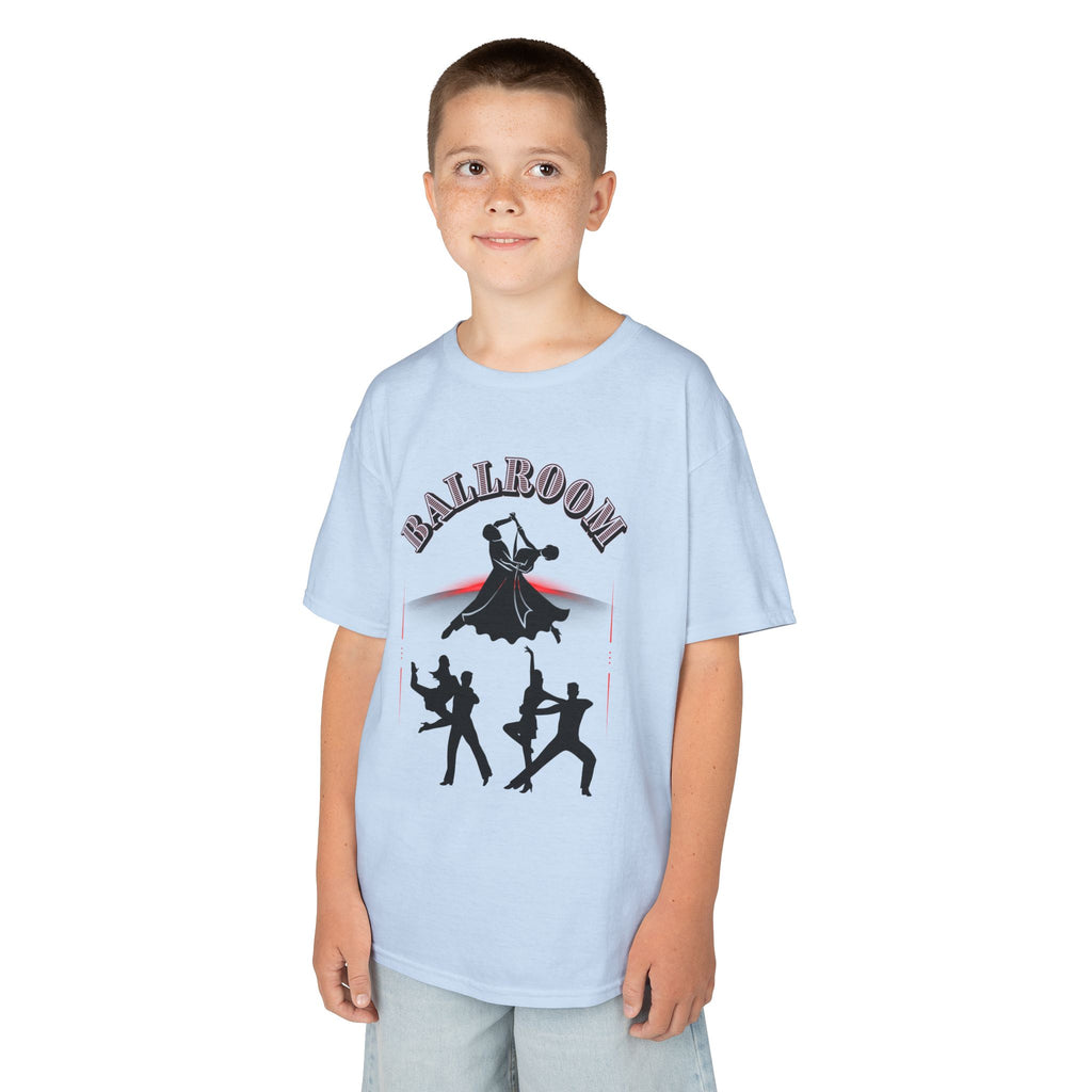 Young boy wearing a youth Gildan 5000B heavy cotton t-shirt in light blue with a Ballroom Dance Couples theme