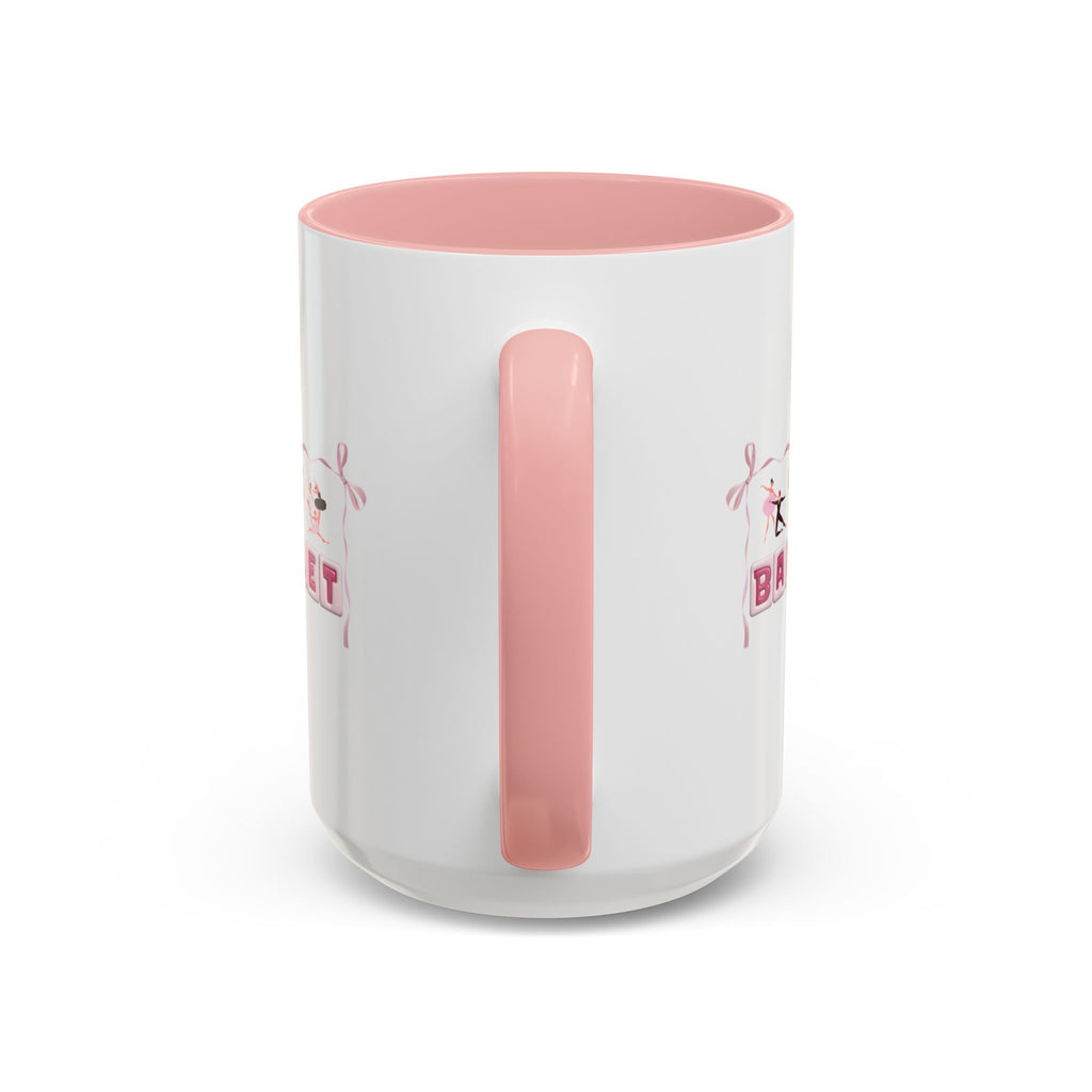 15oz white ceramic Ballet mug with pink handle and interior Handle view