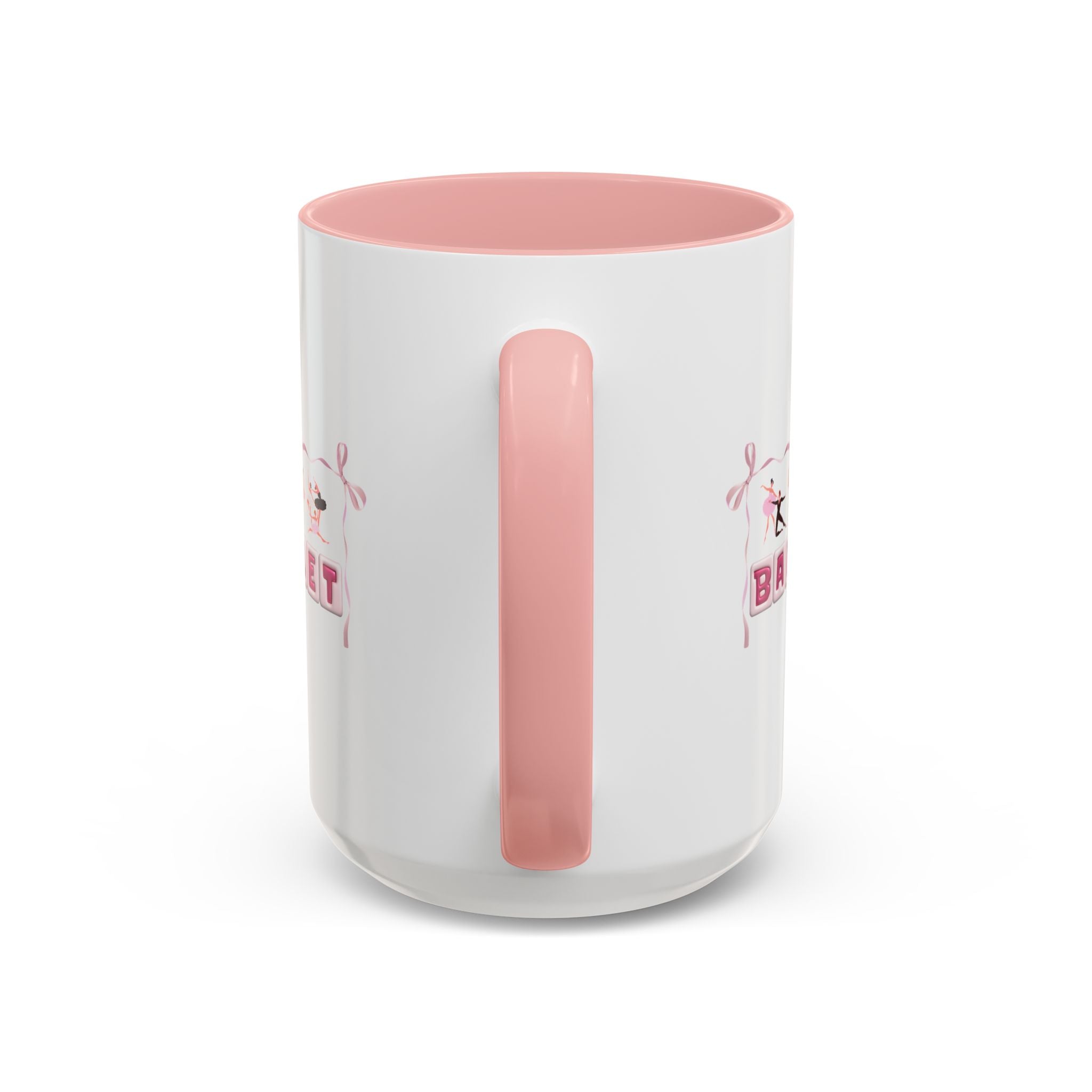 15oz white ceramic Ballet mug with pink handle and interior Handle view
