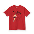Front view of a youth Gildan 5000B heavy cotton t-shirt in red showing a girl running Track