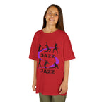 Young girl wearing a youth Gildan 5000B heavy cotton t-shirt in red with a Jazz Dance text and graphic