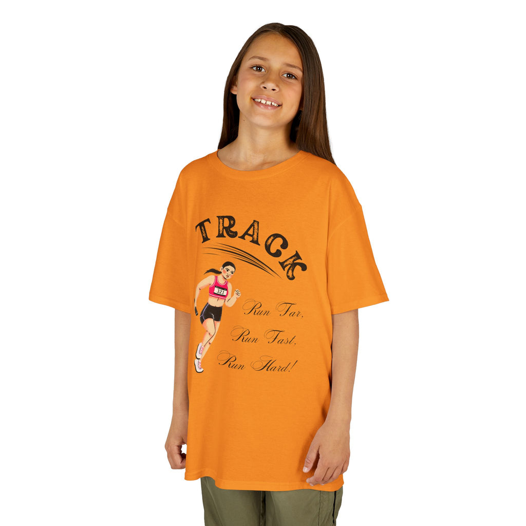 Young girl wearing a youth Gildan 5000B heavy cotton t-shirt in tennessee orange showing a girl running Track