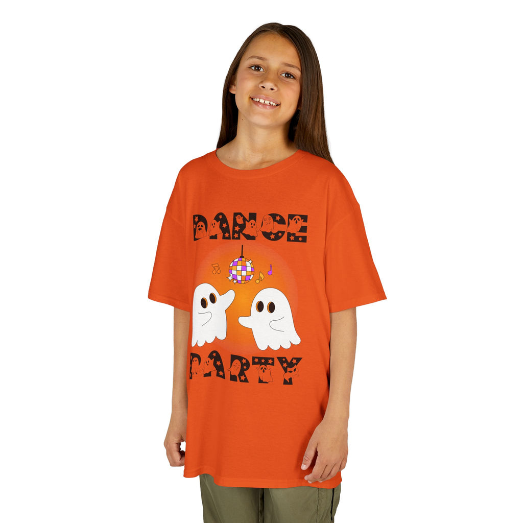 Young girl wearing a youth Gildan 5000B heavy cotton t-shirt in orange with a Halloween Dance Party theme