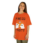 Young girl wearing a youth Gildan 5000B heavy cotton t-shirt in orange with a Halloween Dance Party theme