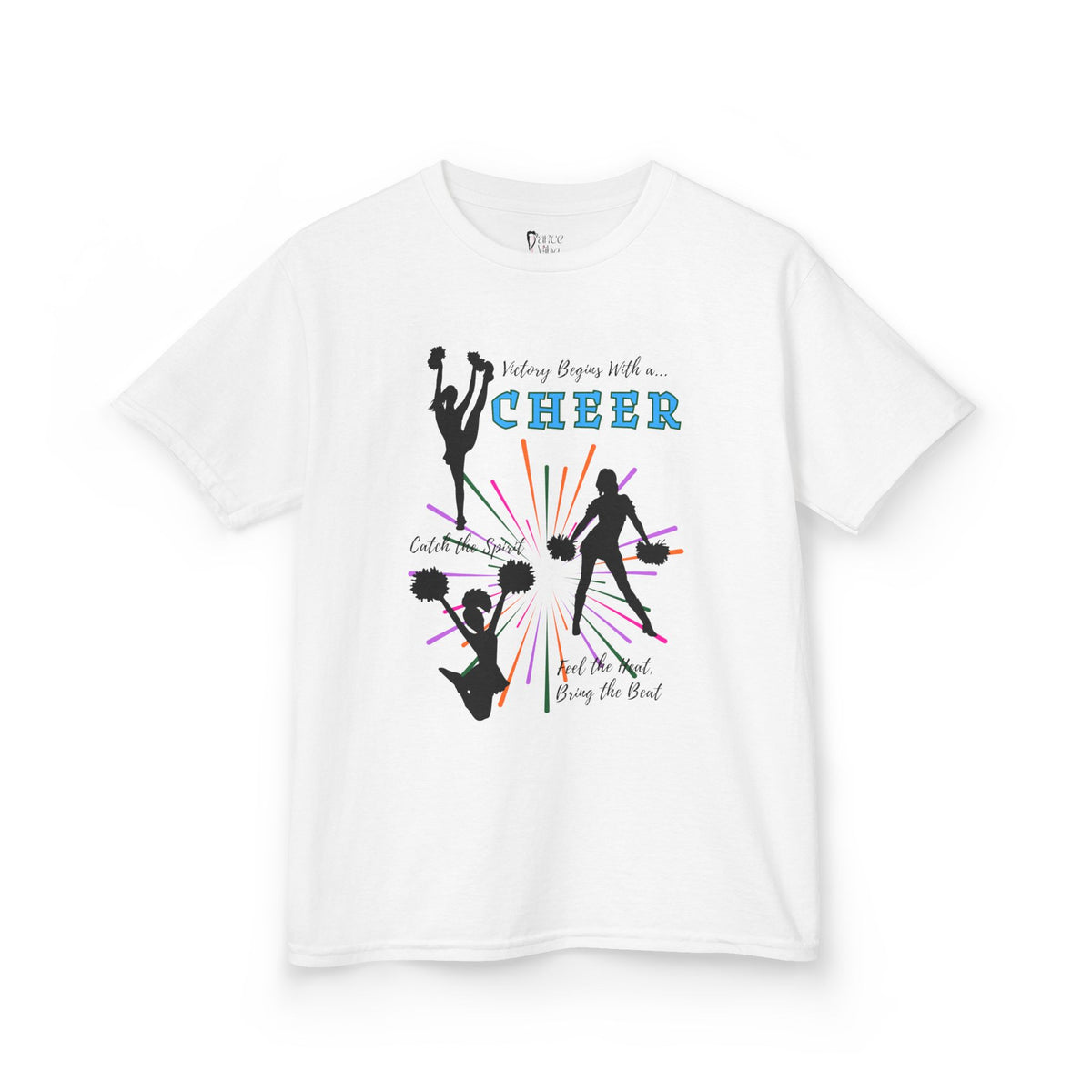 Front view of a youth Gildan 5000B heavy cotton t-shirt in white with a Cheer Team design