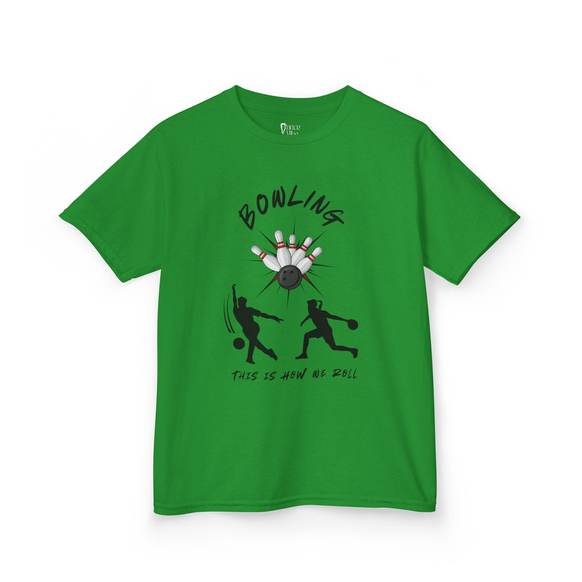 Front view of youth Gildan 5000B heavy cotton t-shirt in irish green with a Bowling text and graphic