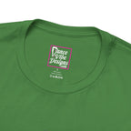 Close up view of a custom Dance Vibe Designs neck label shown over the t-shirt care instructions.