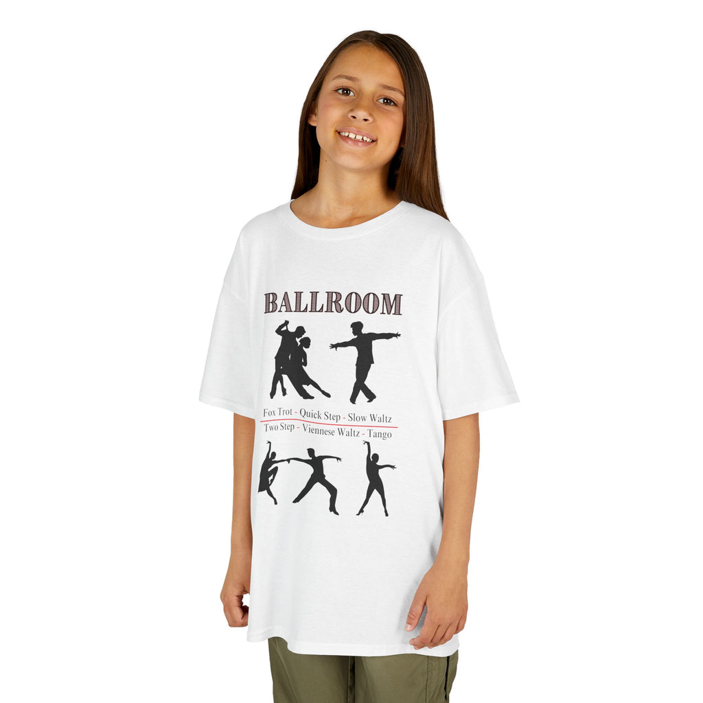 Young girl wearing a youth Gildan 5000B heavy cotton t-shirt in white with a Ballroom Dance Style theme