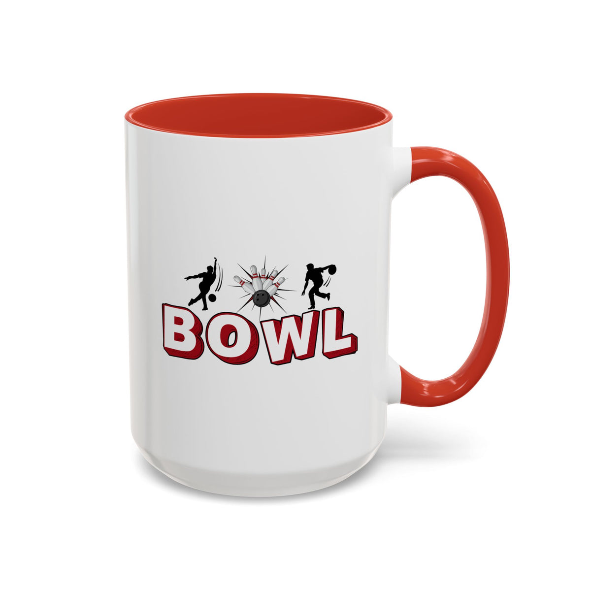 15oz white ceramic Bowling mug with red handle and interior Right handed view