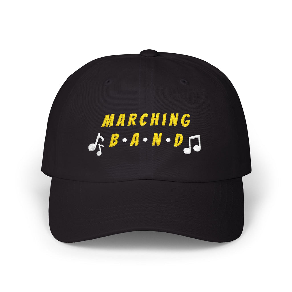 Black cap with MARCHING BAND text and musical notes.
