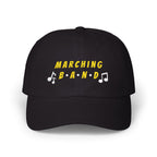 Black cap with MARCHING BAND text and musical notes.