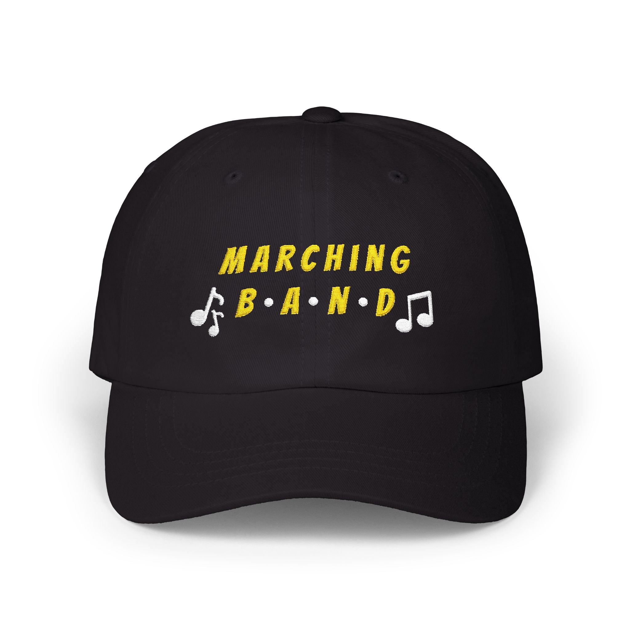Black cap with MARCHING BAND text and musical notes.