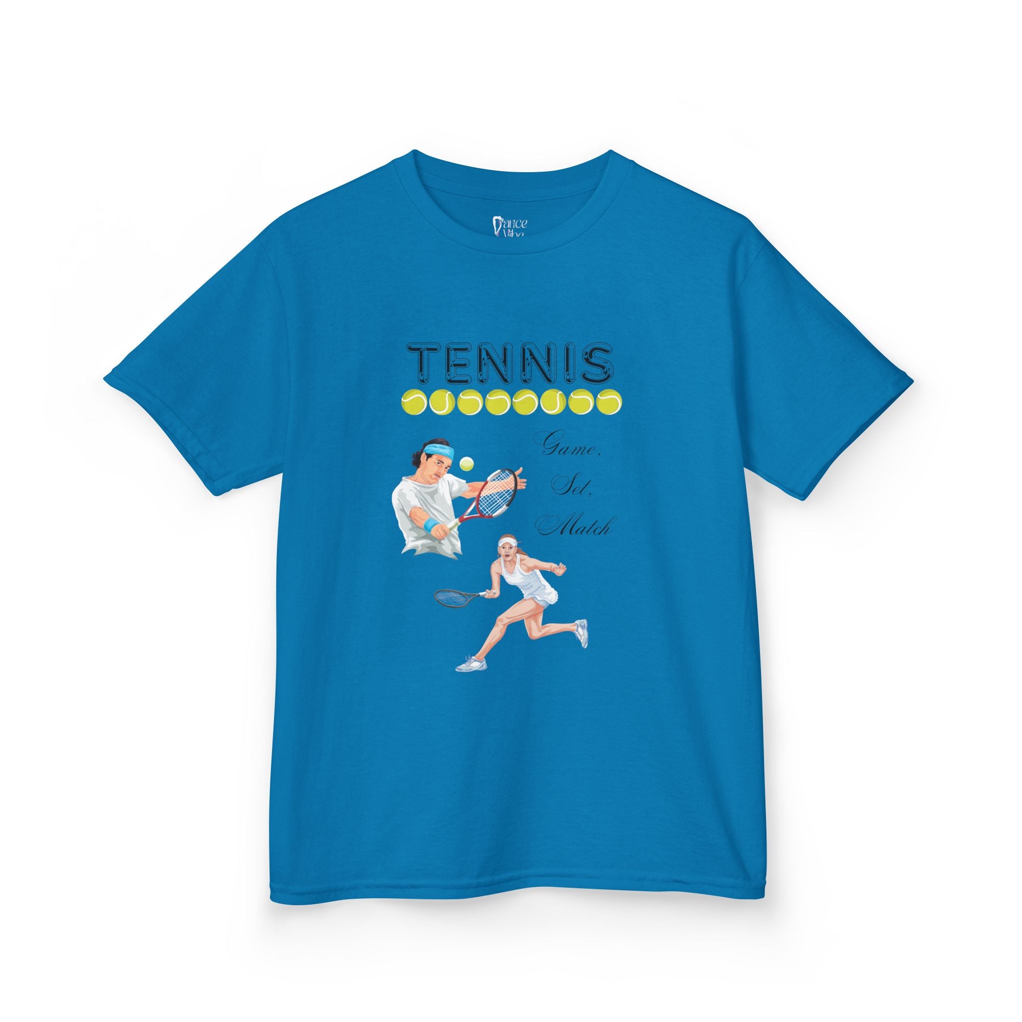 Front view of a youth Gildan 5000B heavy cotton t-shirt in sapphire with a Tennis text and graphic
