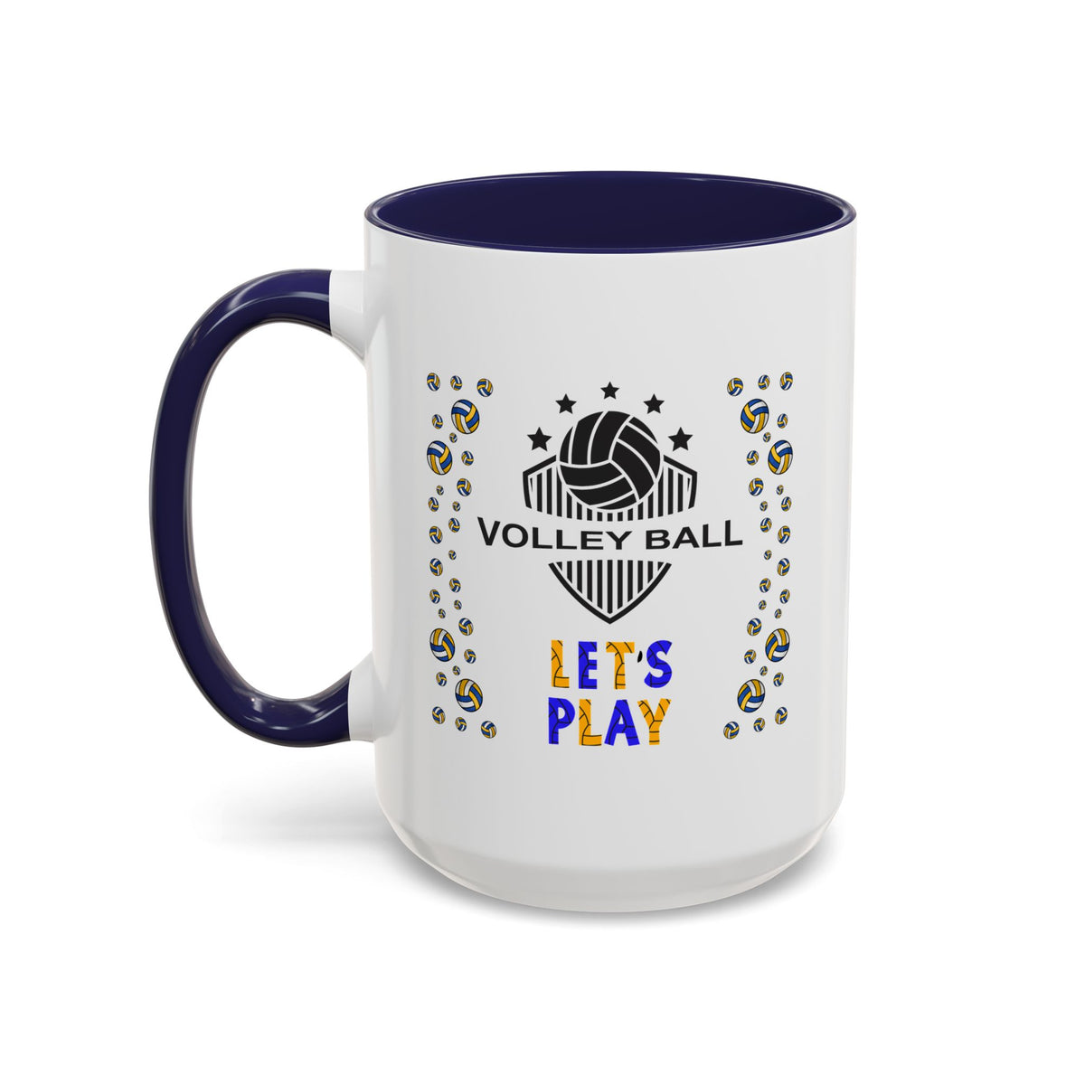 15oz white ceramic Volleyball mug with navy handle and interior Left handed view