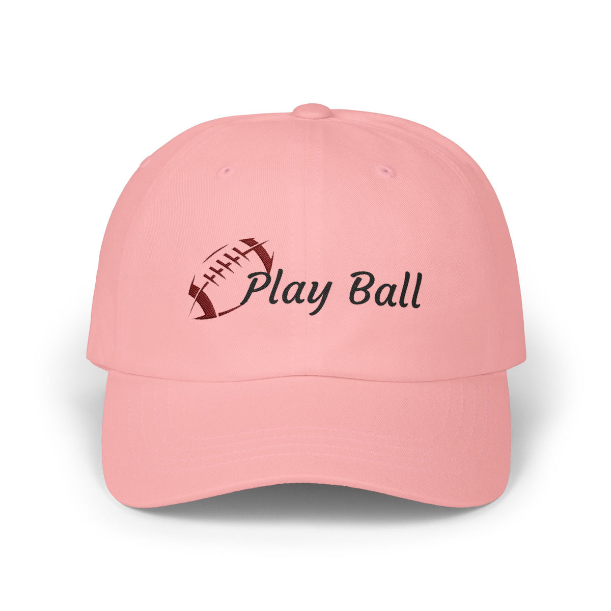 Pink embroidered classic dad cap hat with Play Ball text and football graphic Front view