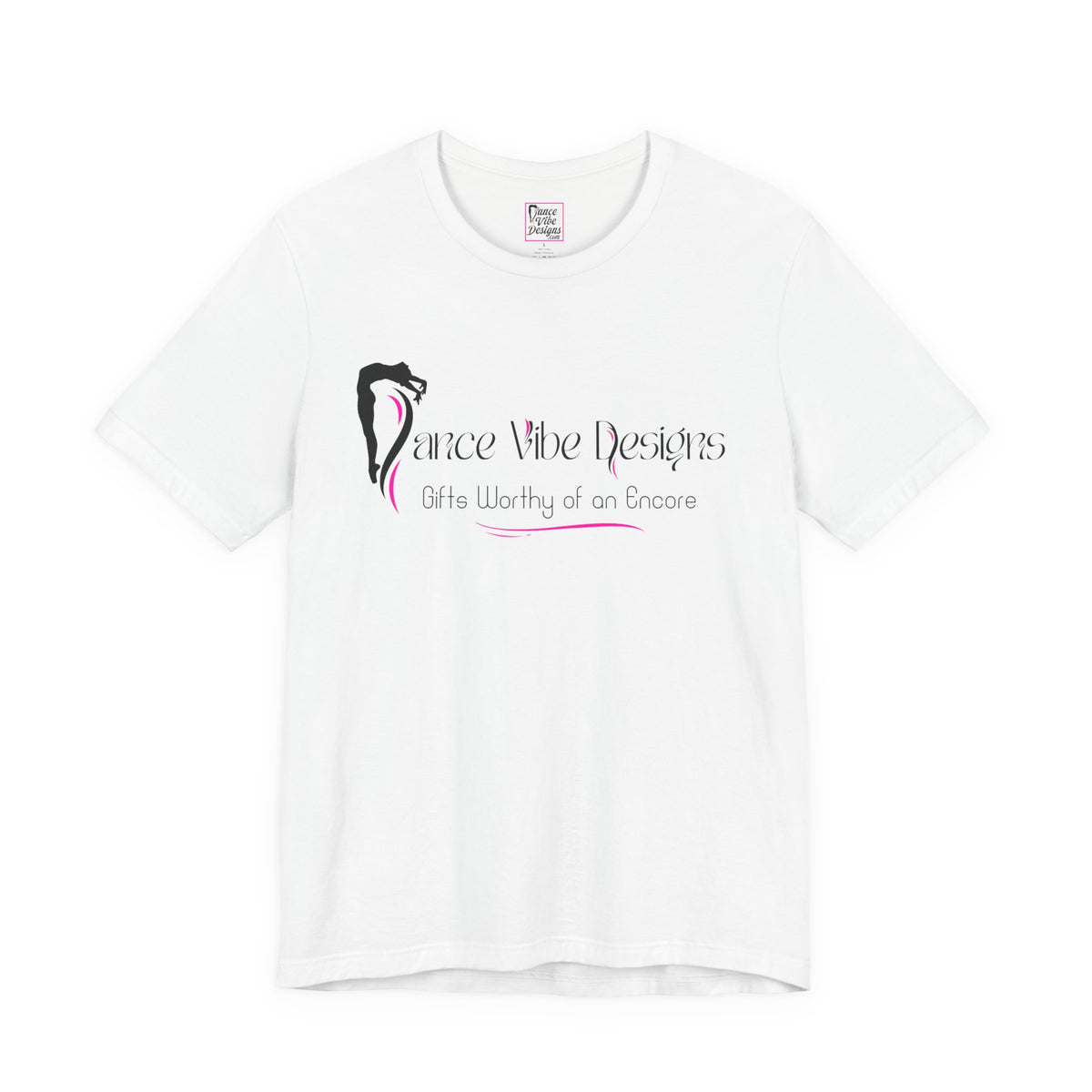 White t-shirt with the Dance Vibe Designs company name and logo on the front
