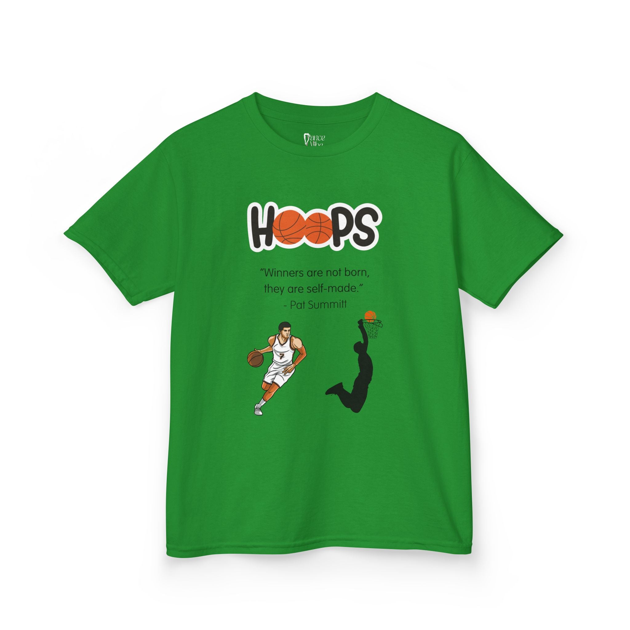 Front view of a youth Gildan 5000B heavy cotton t-shirt in irish green with a Boys Basketball theme