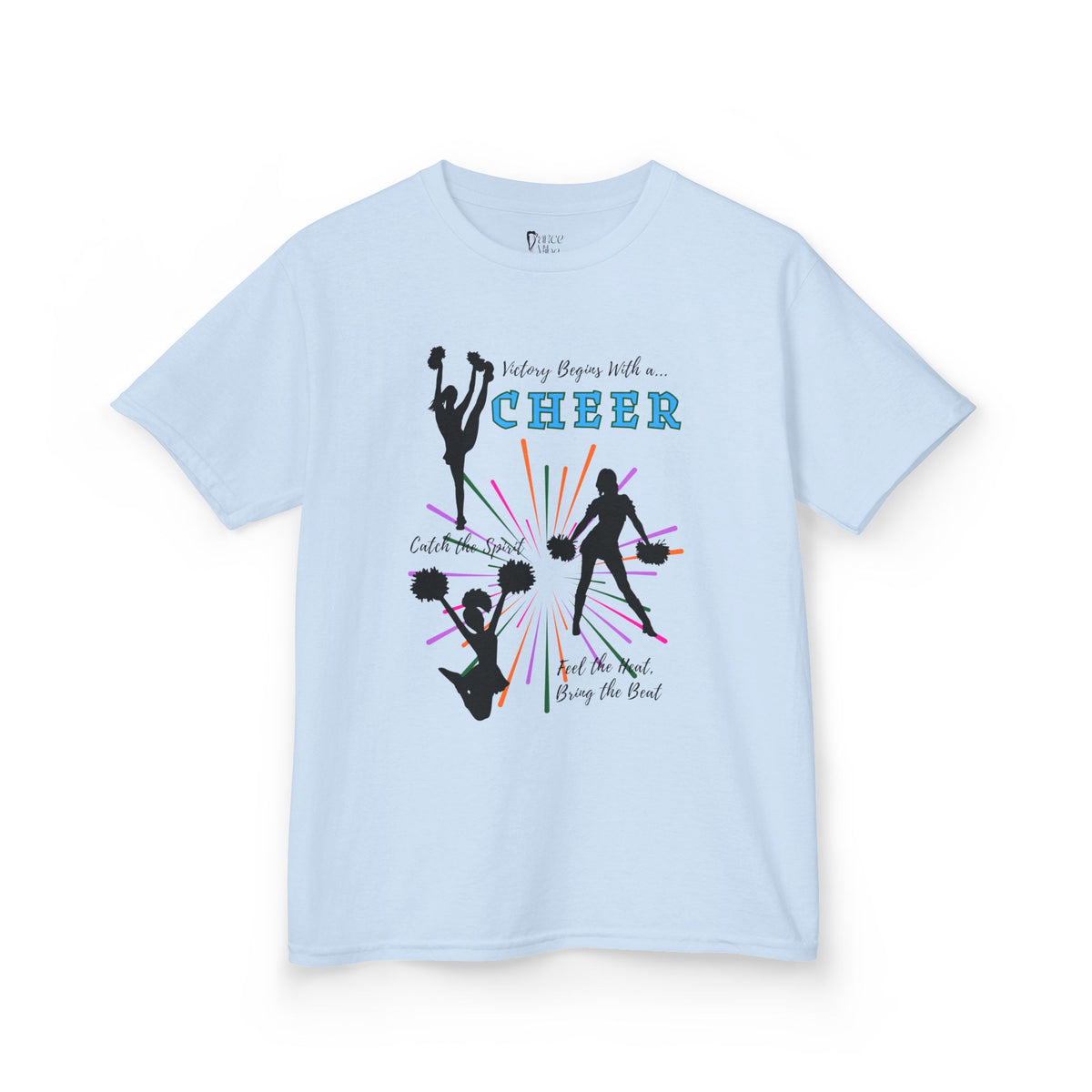 Front view of a youth Gildan 5000B heavy cotton t-shirt in light blue with a Cheer Team design