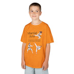 Young boy wearing a youth Gildan 5000B heavy cotton t-shirt in tennessee orange with a Martial Arts text and graphic