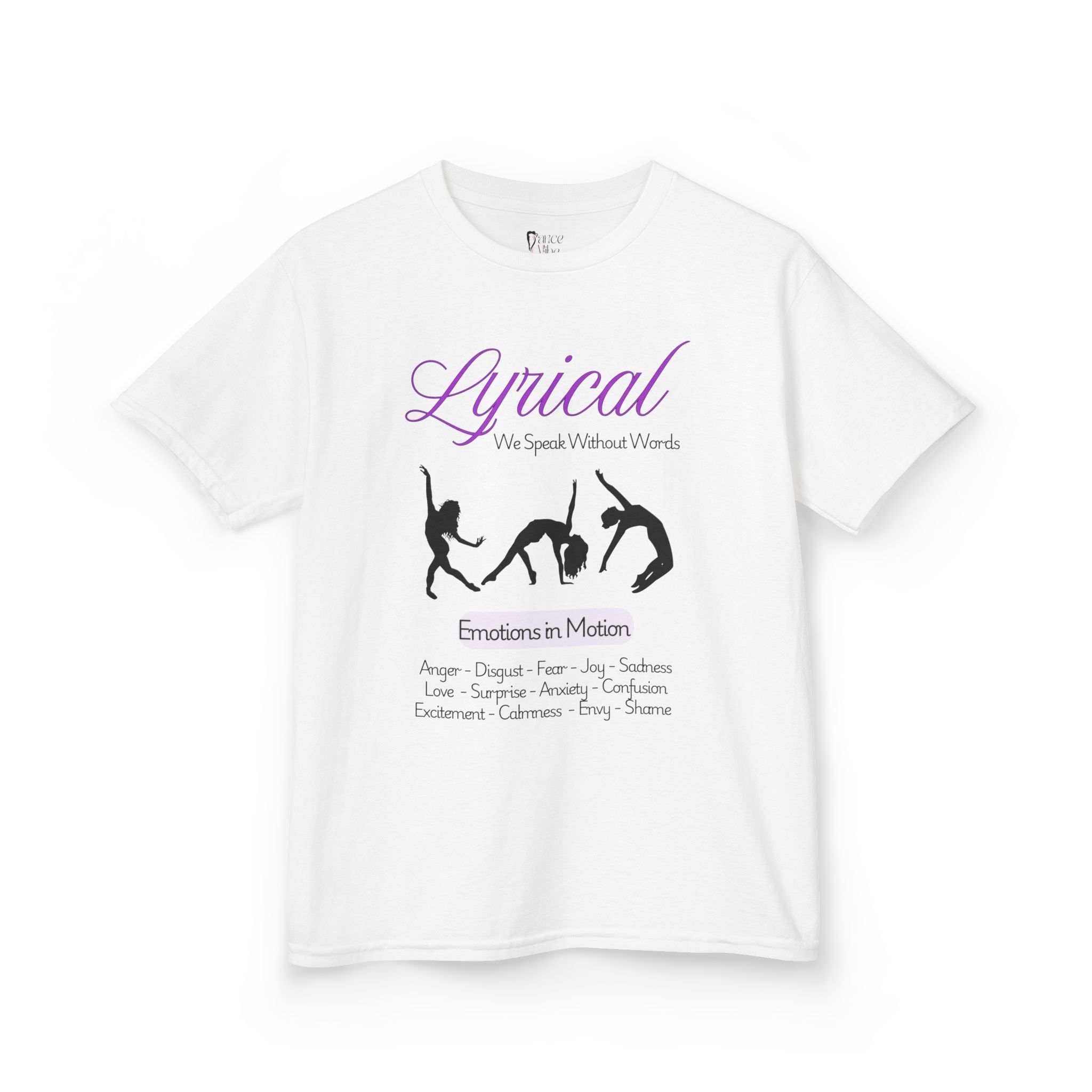 Front view of a youth Gildan 5000B heavy cotton t-shirt in white with a Lyrical Dance graphic and text