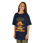 Young girl wearing a navy Thanksgiving t-shirt with a scarecrow ballerina design and a Happy Thanksgiving text.