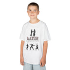 Young boy wearing a youth Gildan 5000B heavy cotton t-shirt in white with a Latin Dance Style theme