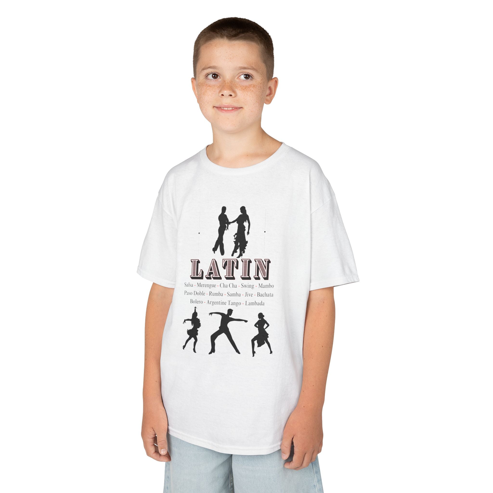 Young boy wearing a youth Gildan 5000B heavy cotton t-shirt in white with a Latin Dance Style theme