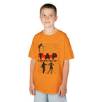 Young boy wearing a youth Gildan 5000B heavy cotton t-shirt in tennessee orange with a Tap text and design