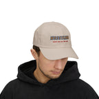 Man wearing a stone embroidered classic dad cap hat with a Wrestling Meet me on the Mat text 