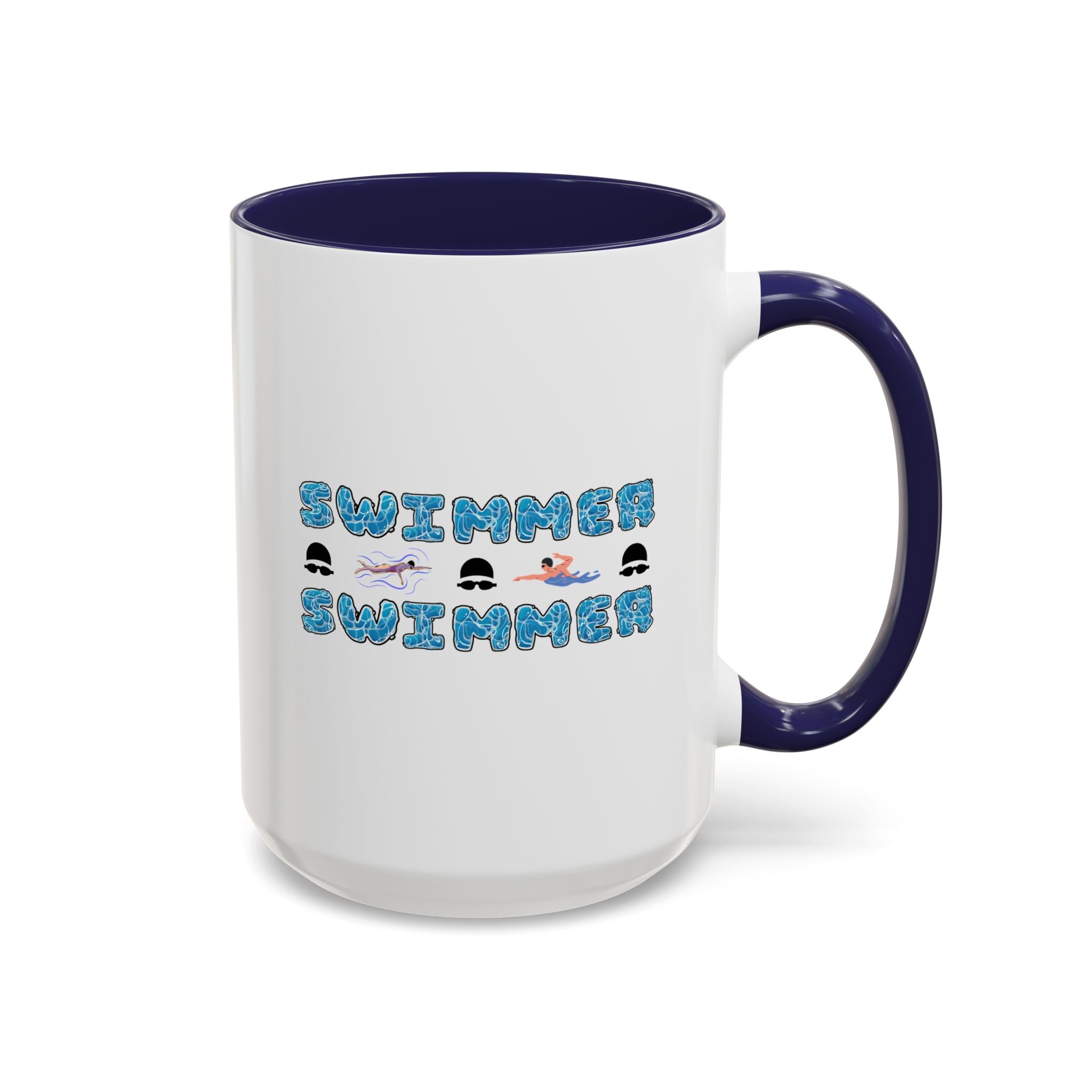 15oz white ceramic Swimmer mug with navy handle and interior Right handed view
