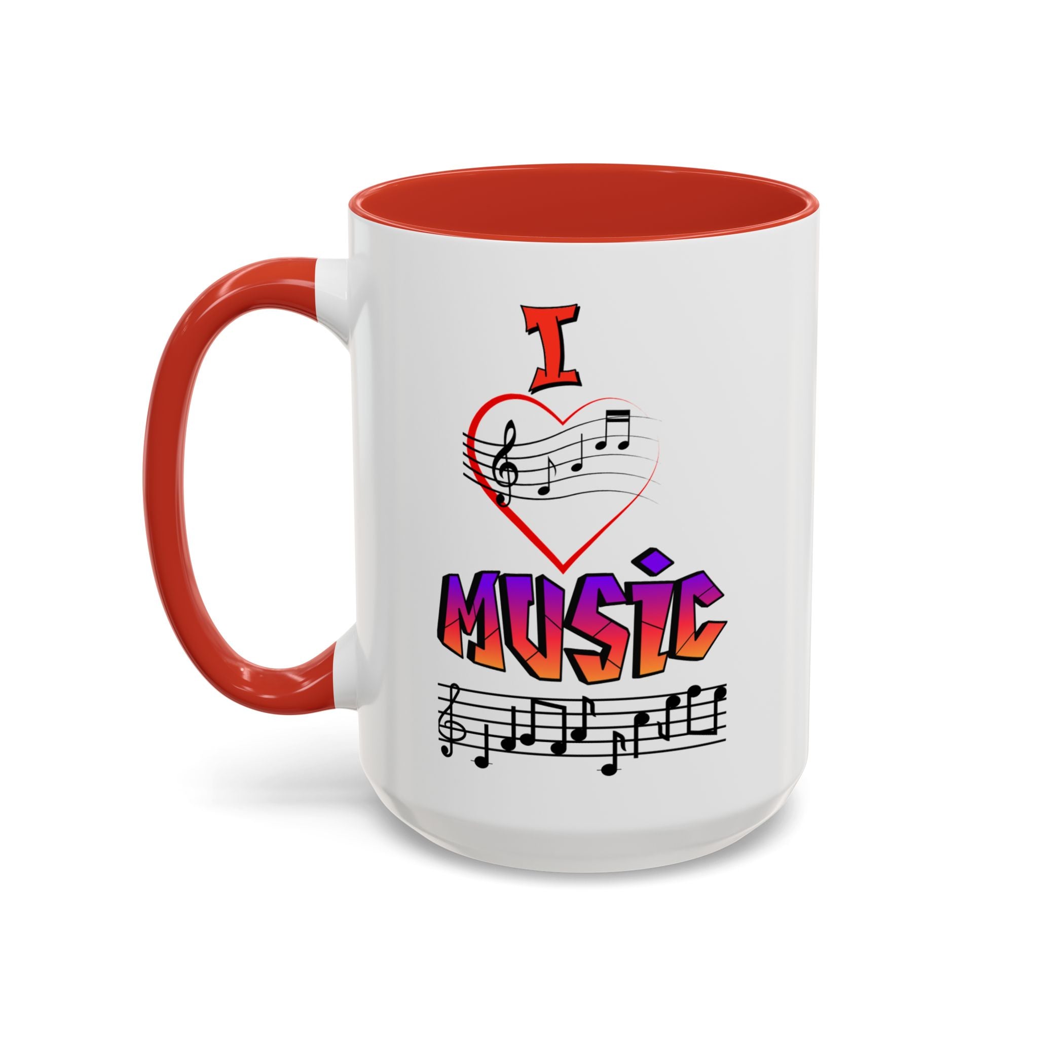 15oz white ceramic I Love Music mug with red handle and interior Left handed view