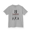 Front view of a youth Gildan 5000B heavy cotton t-shirt in sport grey with a Latin Dance Style theme