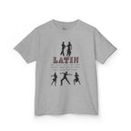 Front view of a youth Gildan 5000B heavy cotton t-shirt in sport grey with a Latin Dance Style theme