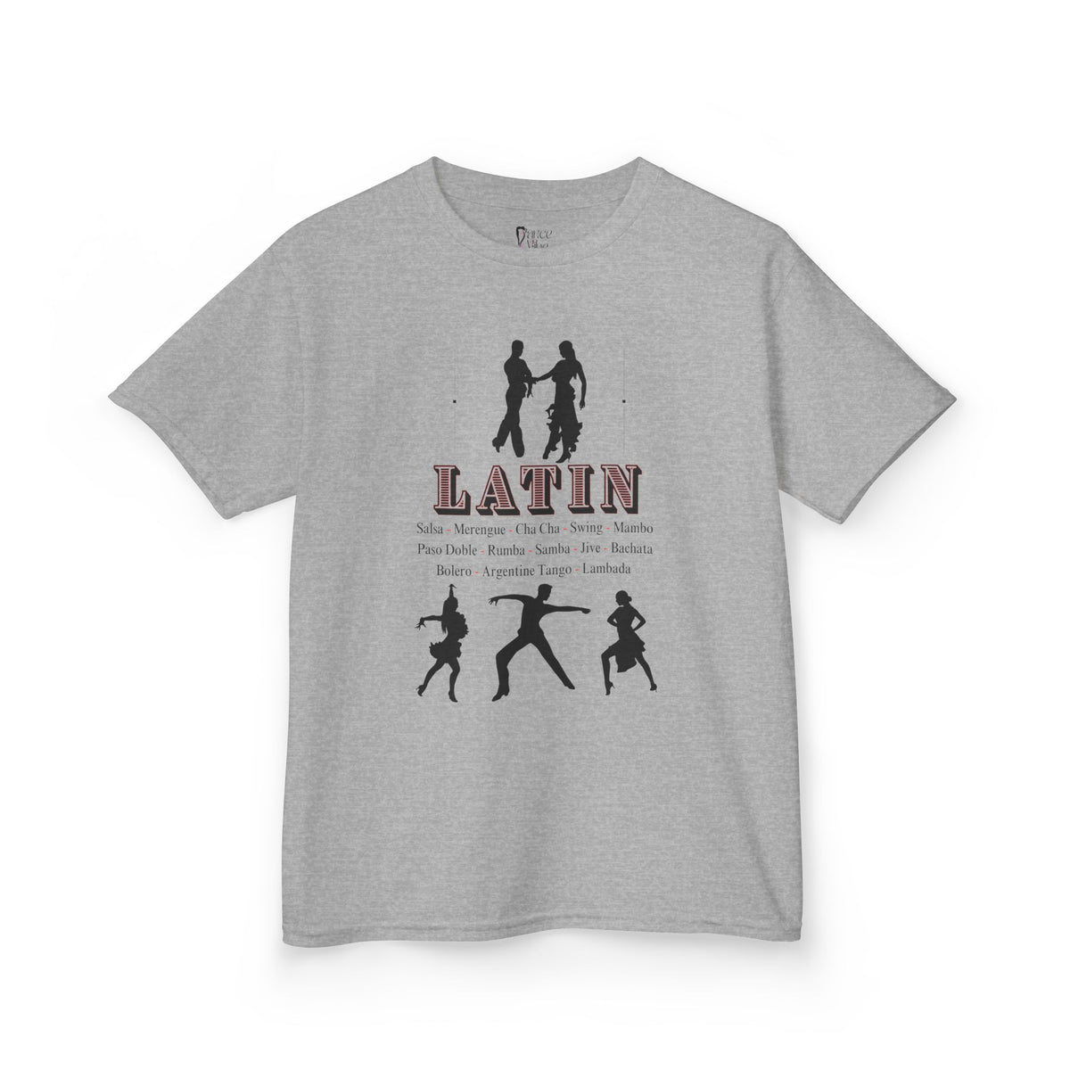Front view of a youth Gildan 5000B heavy cotton t-shirt in sport grey with a Latin Dance Style theme