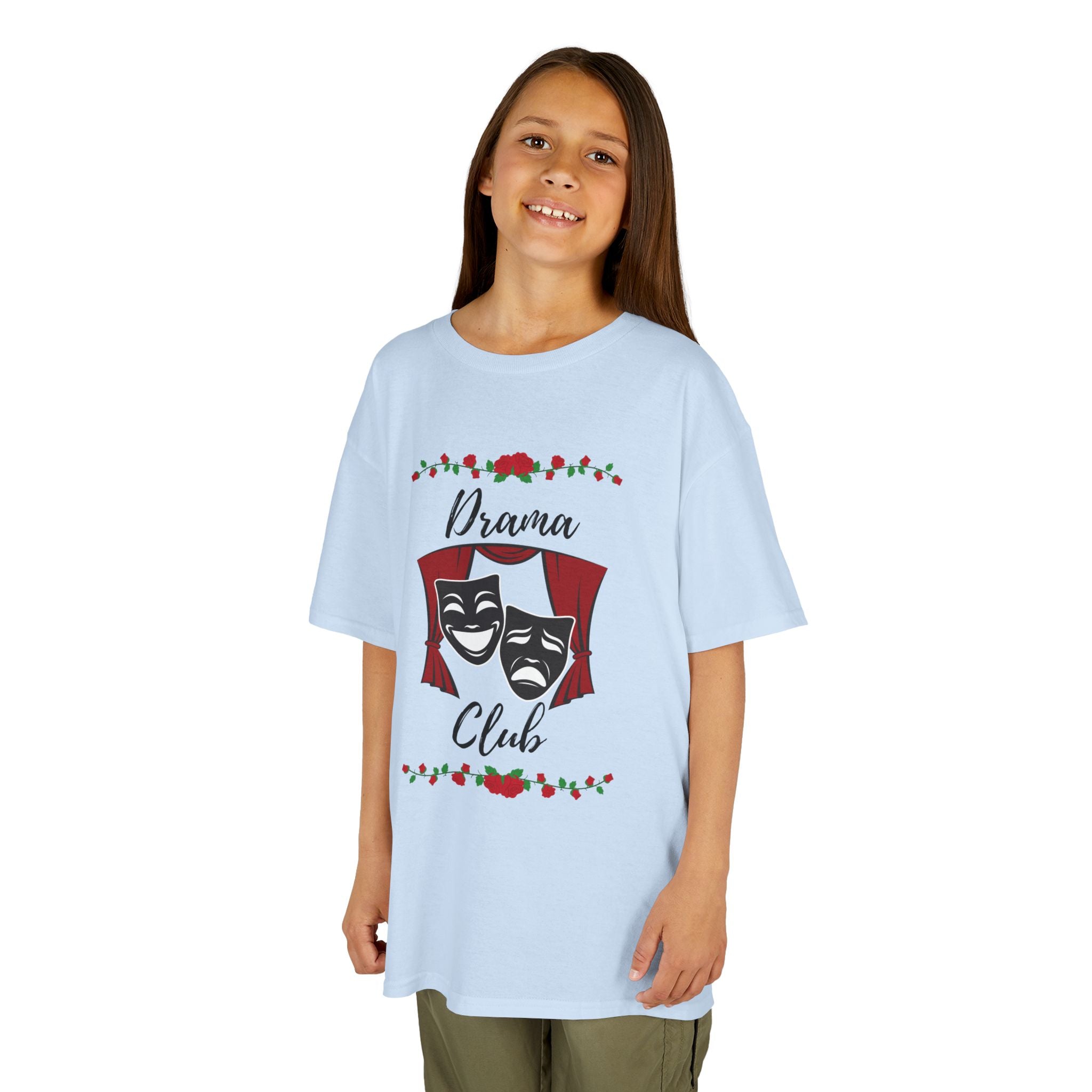 Young girl wearing a youth Gildan 5000B heavy cotton t-shirt in light blue with a Drama Club text and graphic 