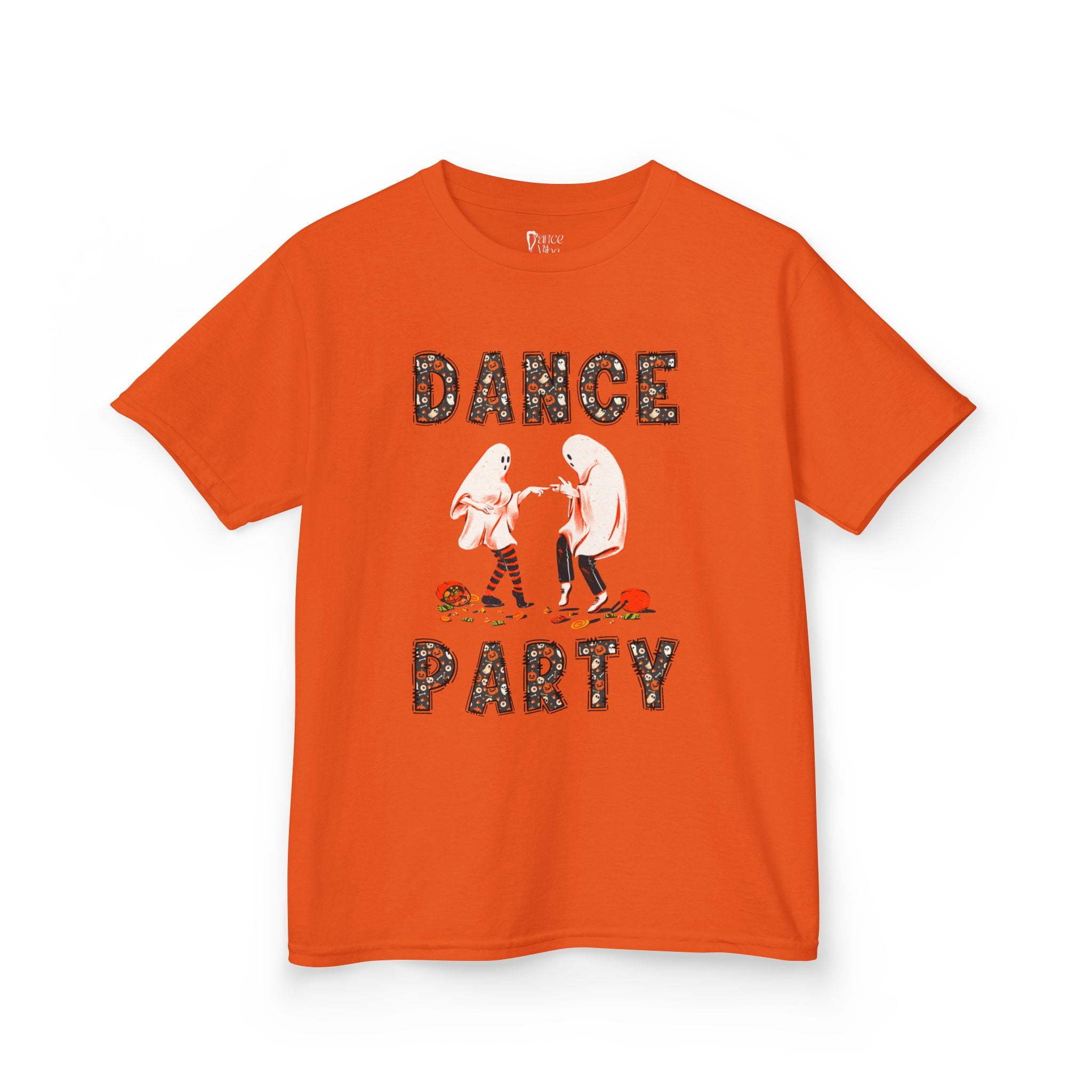 Front view of a youth Gildan 5000B heavy cotton t-shirt in orange with a Halloween Dance Party theme