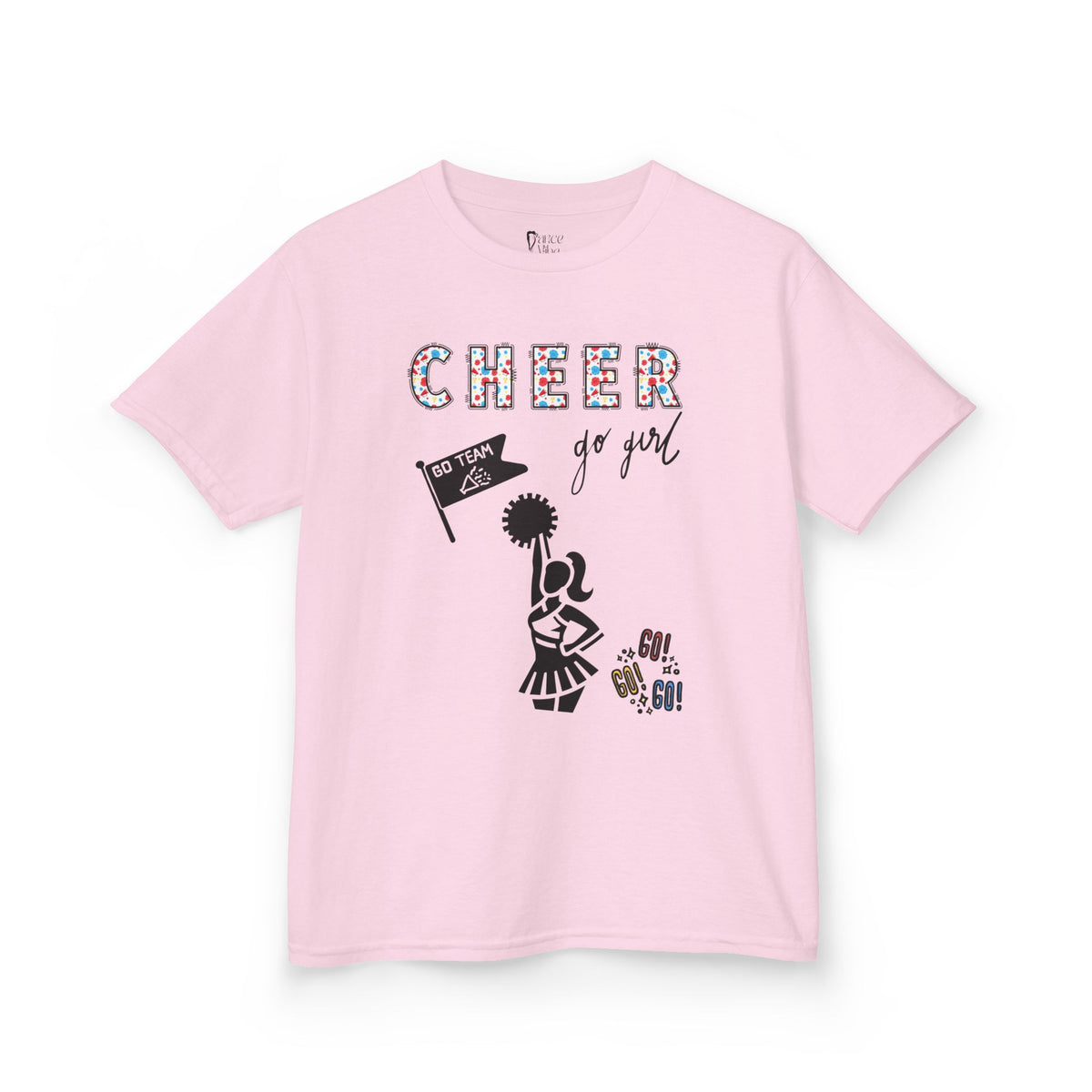 Front view of a youth Gildan 5000B heavy cotton t-shirt in light pink with a Cheerleader theme