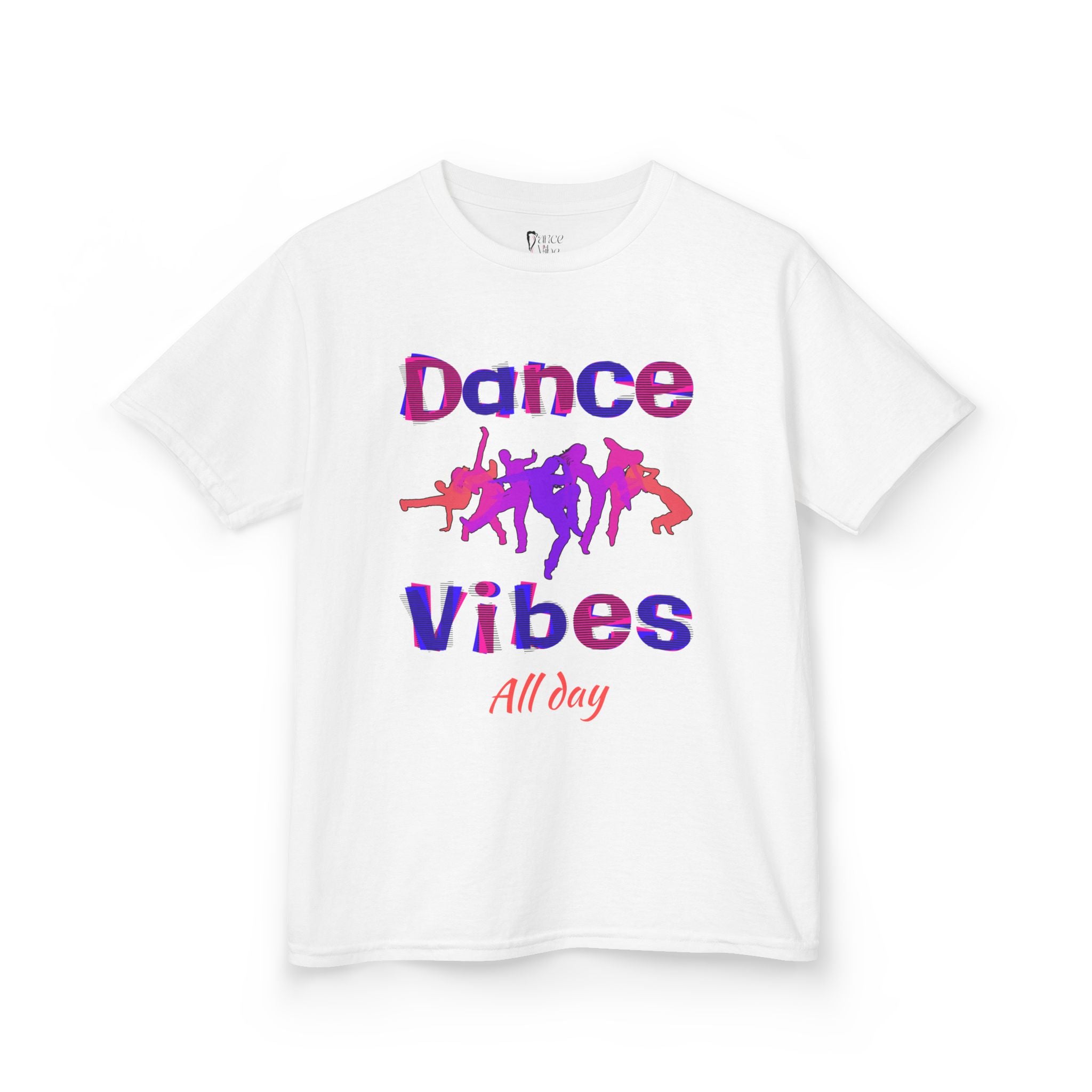 Front view of a youth Gildan 5000B heavy cotton t-shirt in white with a Dance Vibes All Day text and graphic