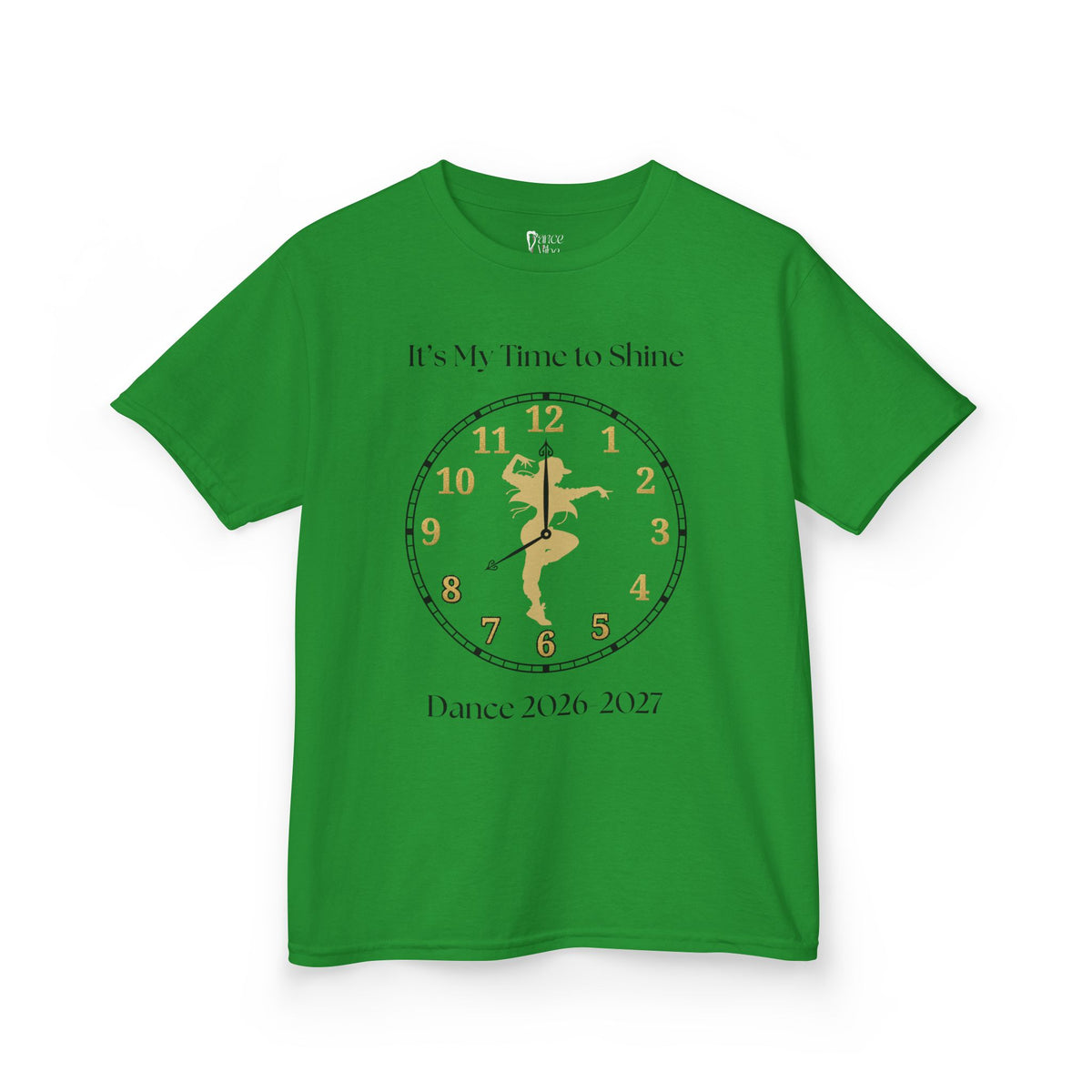 Front view of a youth Gildan 5000B heavy cotton t-shirt in irish green with an It's My Time to Shine Jazz Dance 2026-2027 theme
