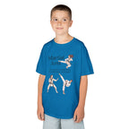 Young boy wearing a youth Gildan 5000B heavy cotton t-shirt in sapphire with a Martial Arts text and graphic