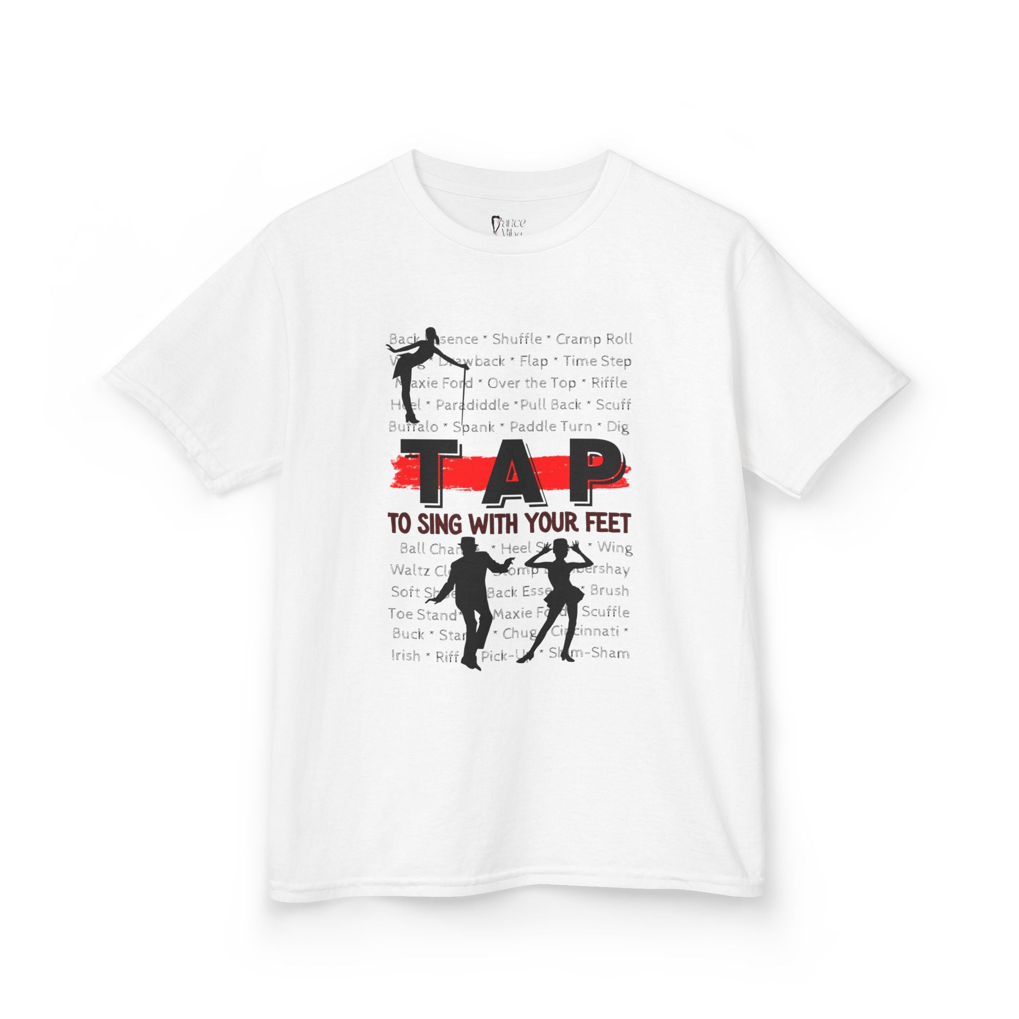 Front view of a youth Gildan 5000B heavy cotton t-shirt in white with a Tap text and design