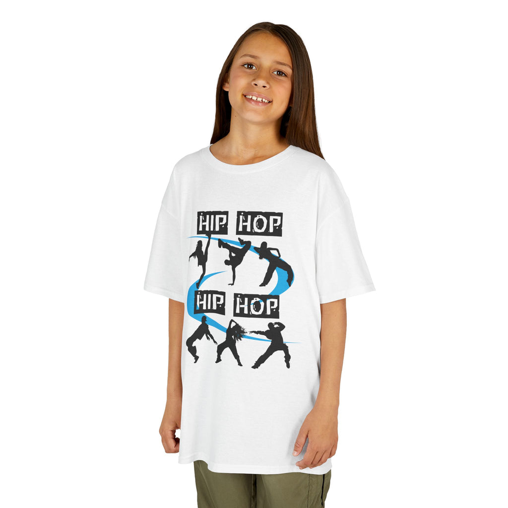 Young girl wearing a youth Gildan 5000B heavy cotton t-shirt in white with a Hip Hop text and dancers