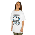 Young girl wearing a youth Gildan 5000B heavy cotton t-shirt in white with a Hip Hop text and dancers