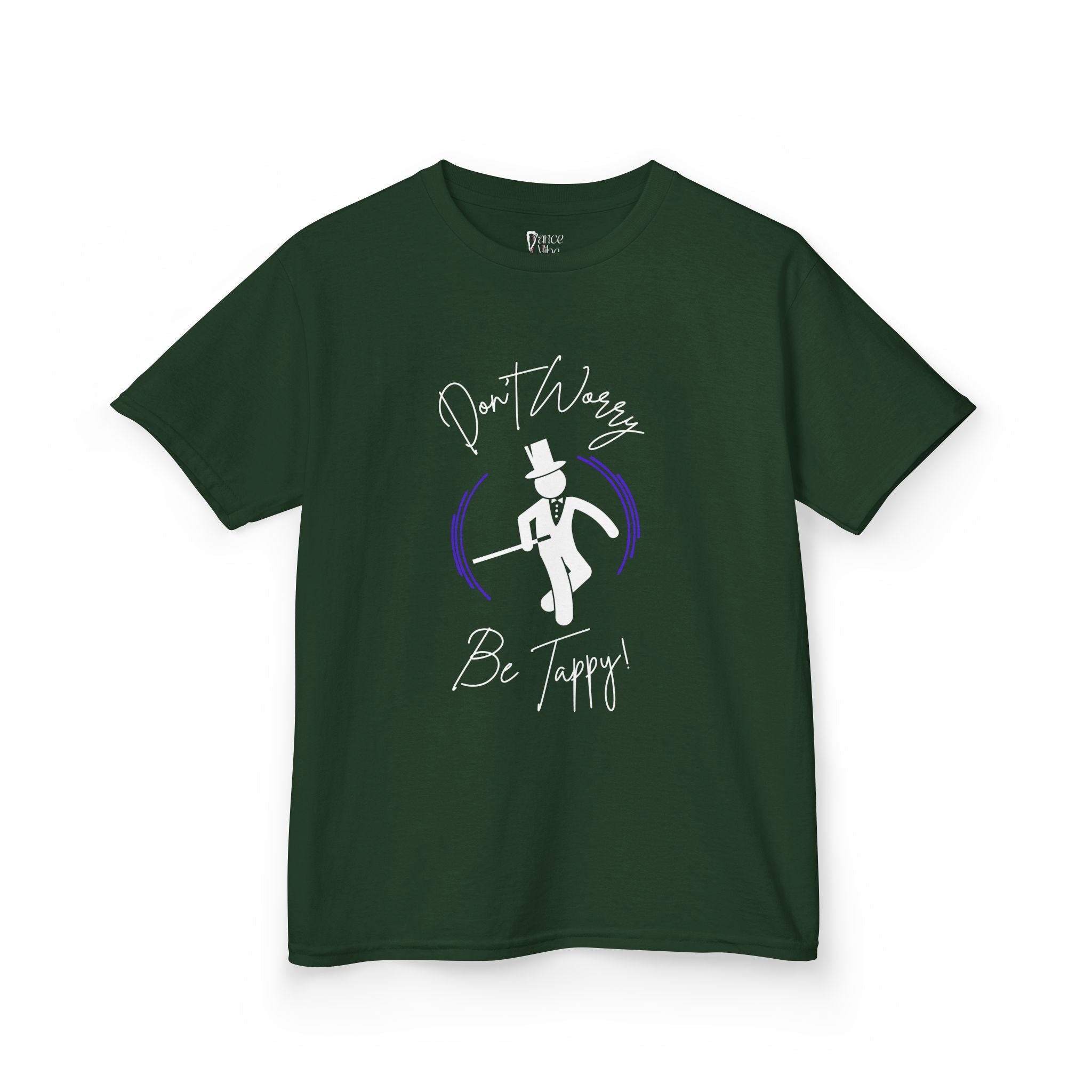 Front view of a youth Gildan 5000B heavy cotton t-shirt in forest green with a Don't Worry Be Tappy Tap theme