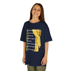 Young girl wearing a youth Gildan 5000B heavy cotton t-shirt in navy with a Showtime text and graphic 