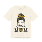 A natural short-sleeve crewneck t-shirt featuring a Cheer Mom silhouette graphic print with text.