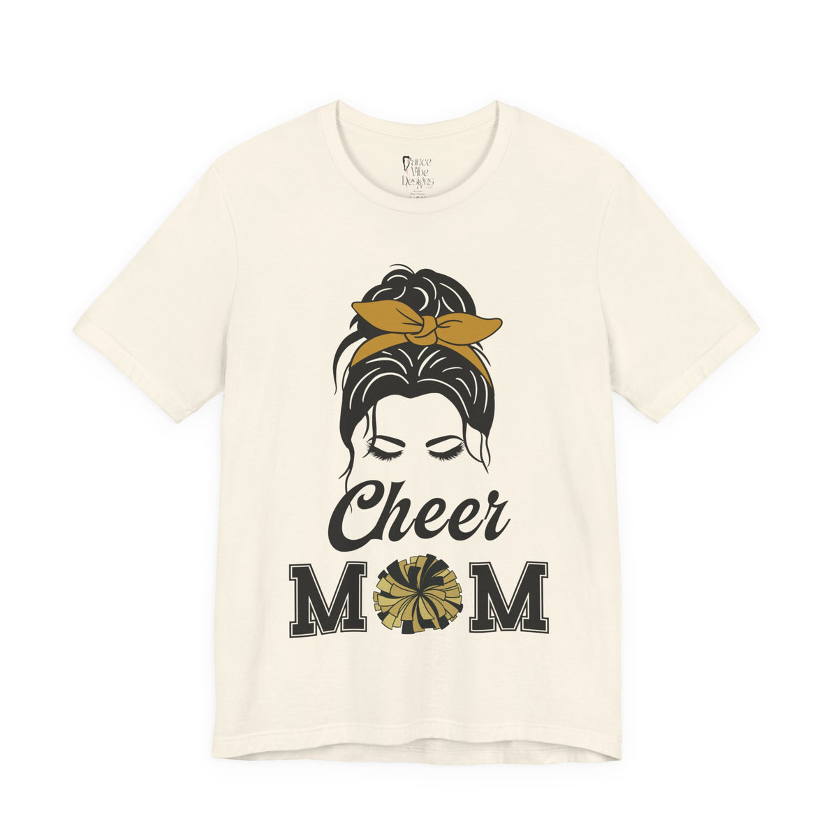 A natural short-sleeve crewneck t-shirt featuring a Cheer Mom silhouette graphic print with text.