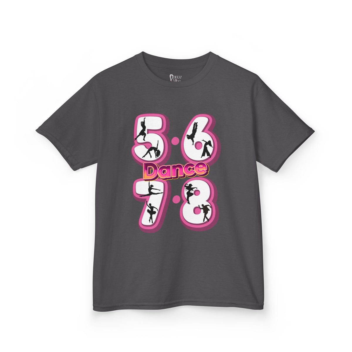 Front view of a youth Gildan 5000B heavy cotton t-shirt in charcoal with a 5678 Dance text and graphic