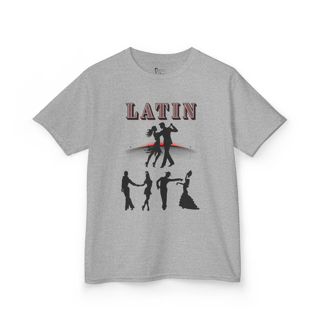 Front view of a youth Gildan 5000B heavy cotton t-shirt in sport grey with a Latin Dance Couples theme