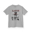 Front view of a youth Gildan 5000B heavy cotton t-shirt in sport grey with a Latin Dance Couples theme